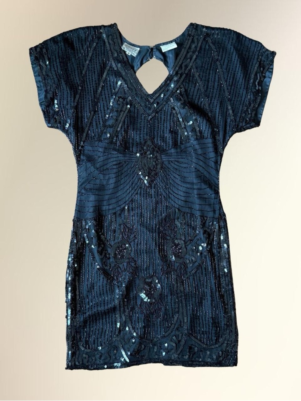 Stenay Black Silk Sequin Beaded V-Neck Top with Almond Back Opening